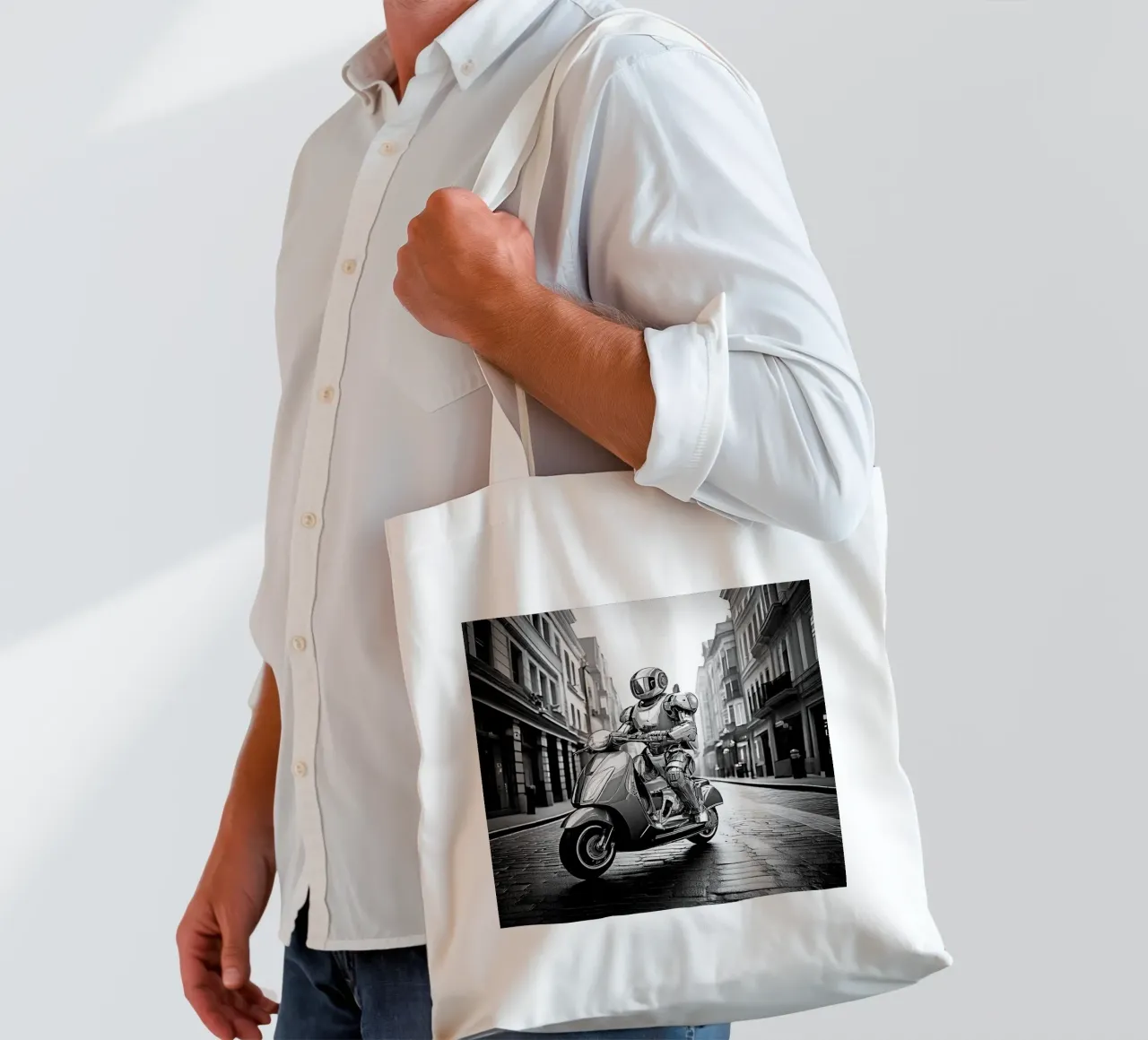 ROBOT EN SCOOTER. Noir et blanc. borsa in juta da Thierry vobmann photography