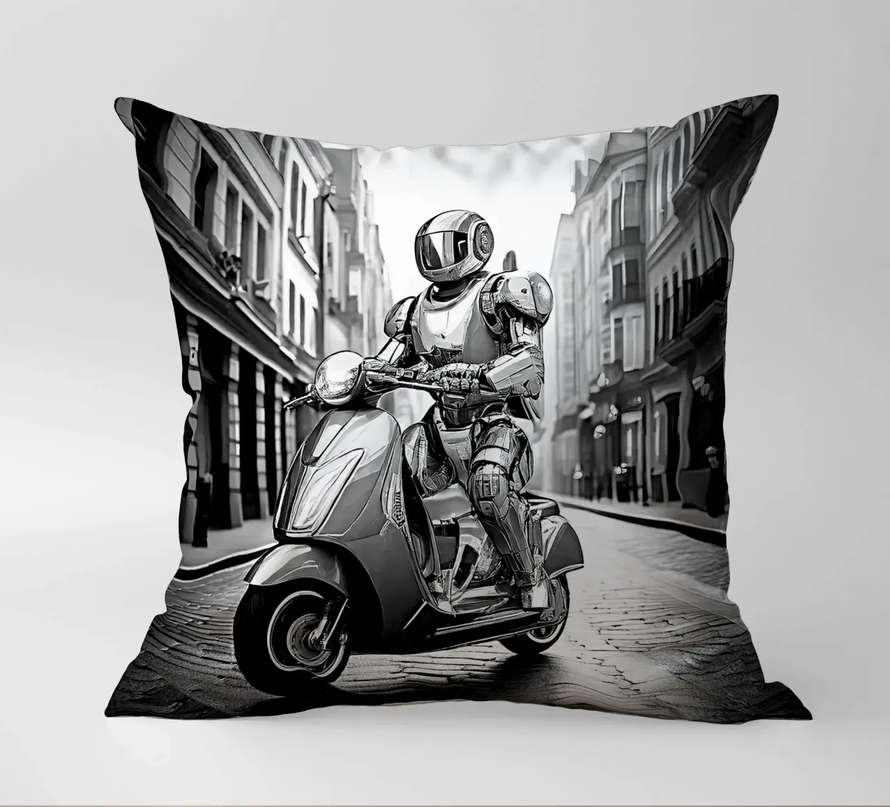 ROBOT EN SCOOTER. Noir et blanc. cuscino da Thierry vobmann photography