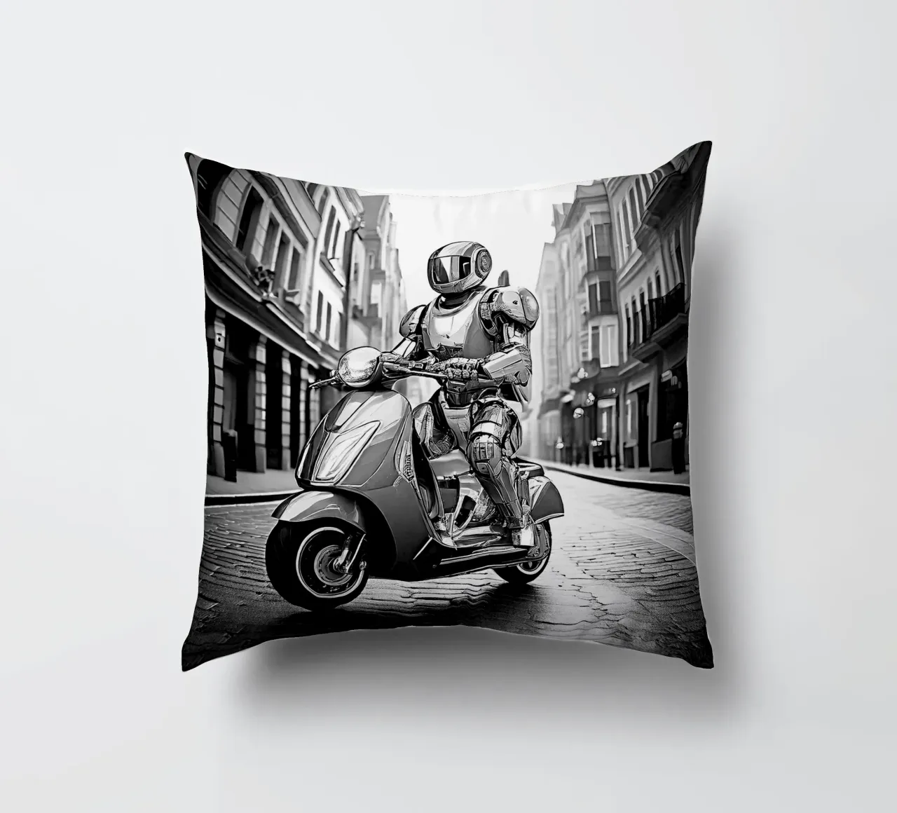 ROBOT EN SCOOTER. Noir et blanc. cuscino da Thierry vobmann photography