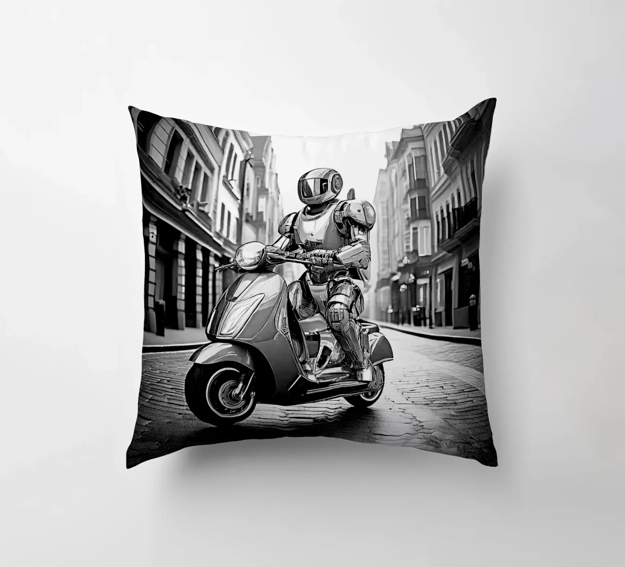 ROBOT EN SCOOTER. Noir et blanc. cuscino da Thierry vobmann photography