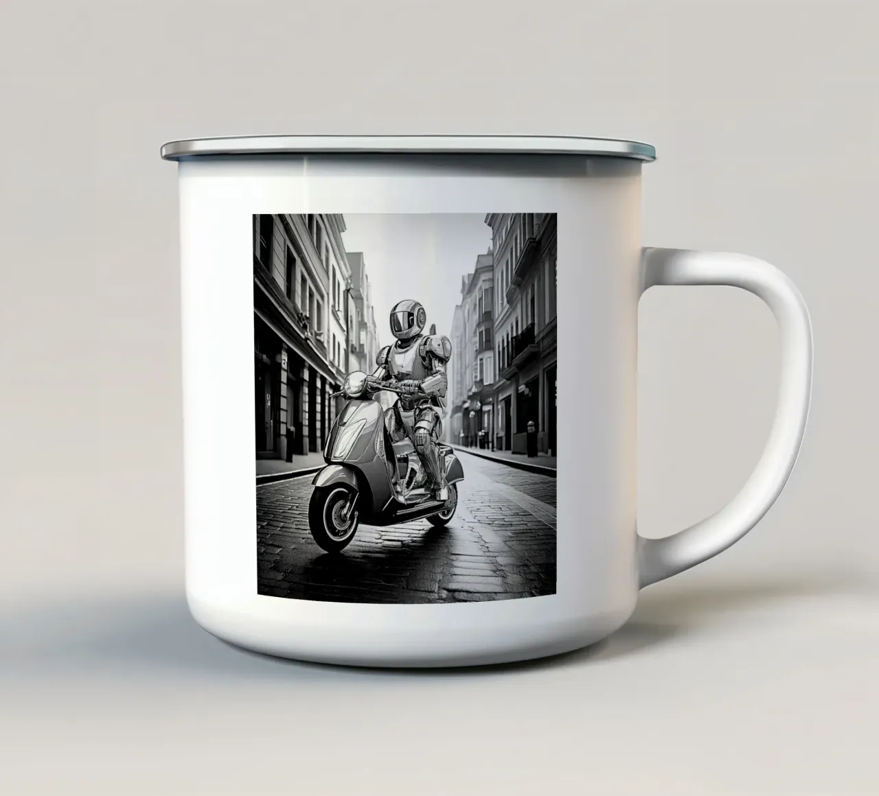 ROBOT EN SCOOTER. Noir et blanc. tazza in smalto da Thierry vobmann photography