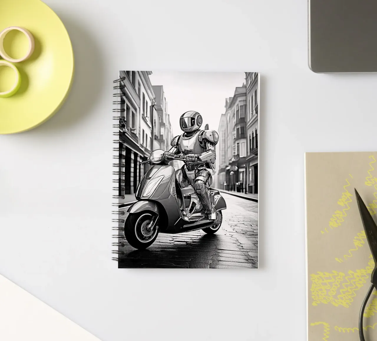 ROBOT EN SCOOTER. Noir et blanc. spiral notebook by Thierry vobmann photography