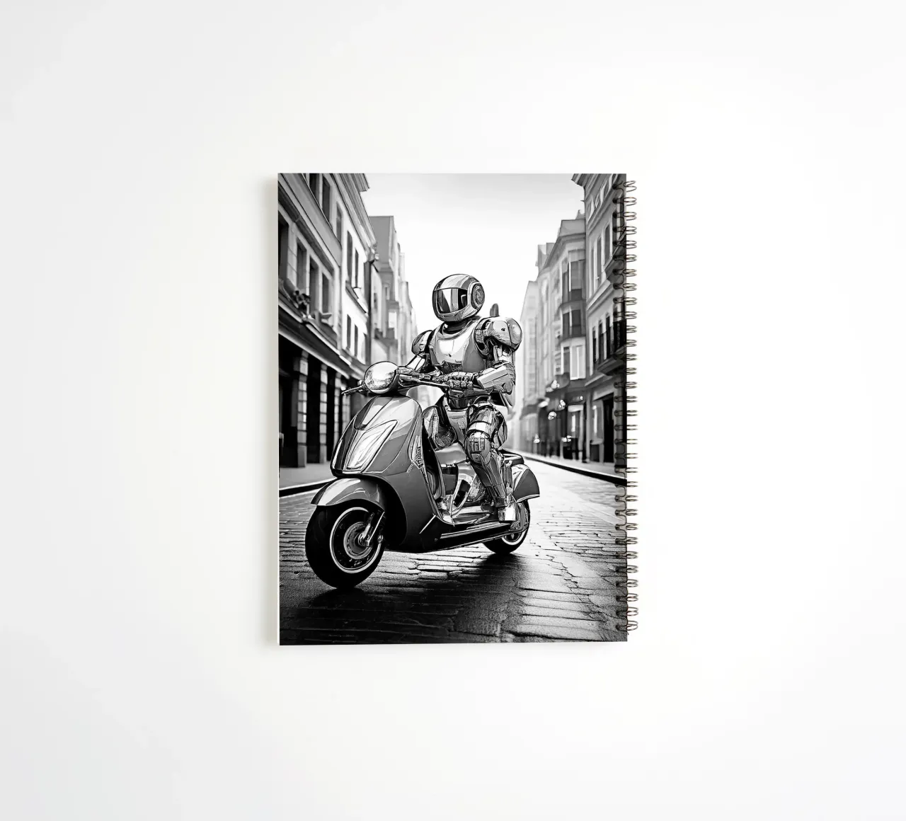 ROBOT EN SCOOTER. Noir et blanc. spiral notebook by Thierry vobmann photography