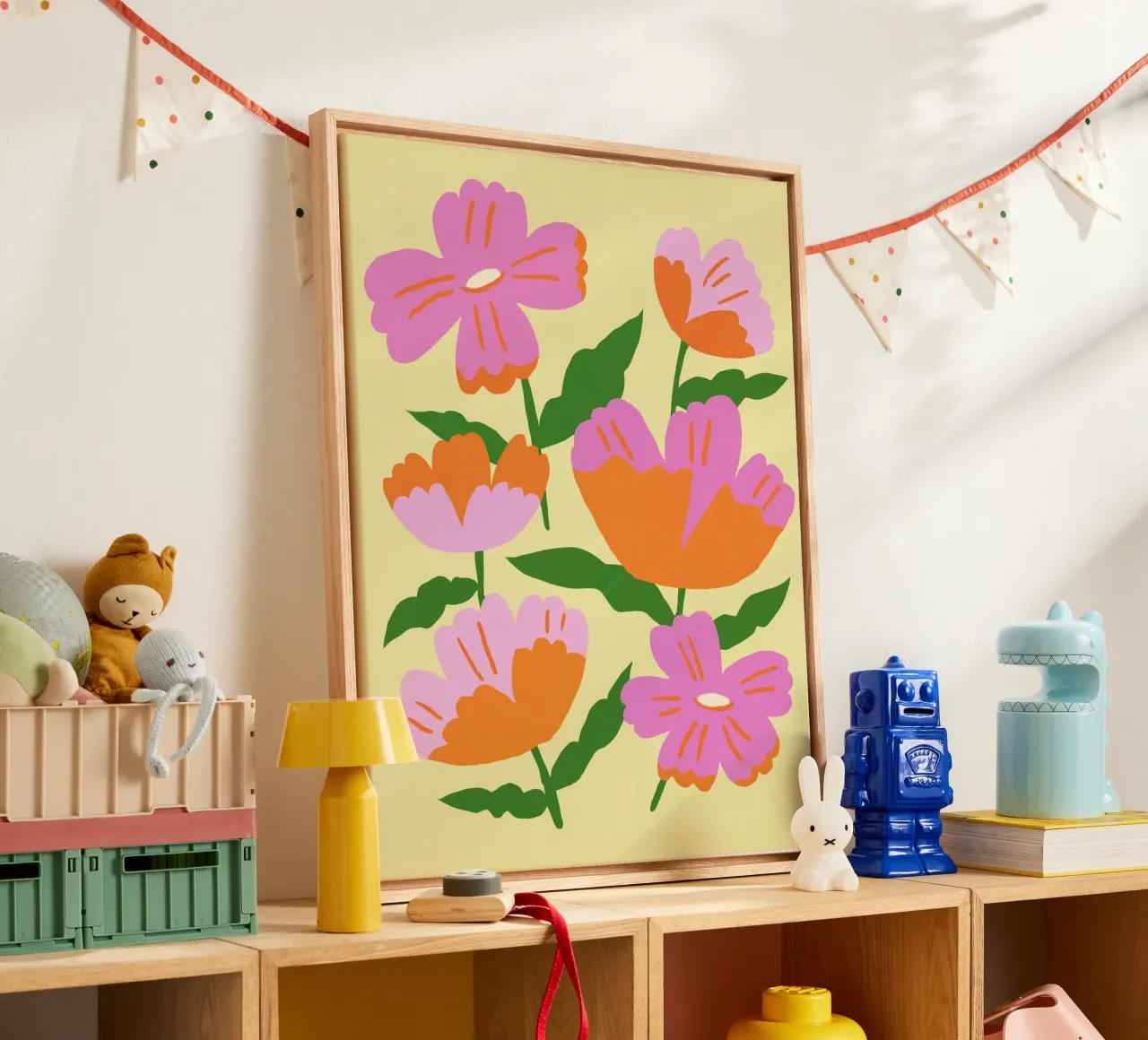 Speels roze in gele achtergrond canvas met Baklijst van Little Dean
