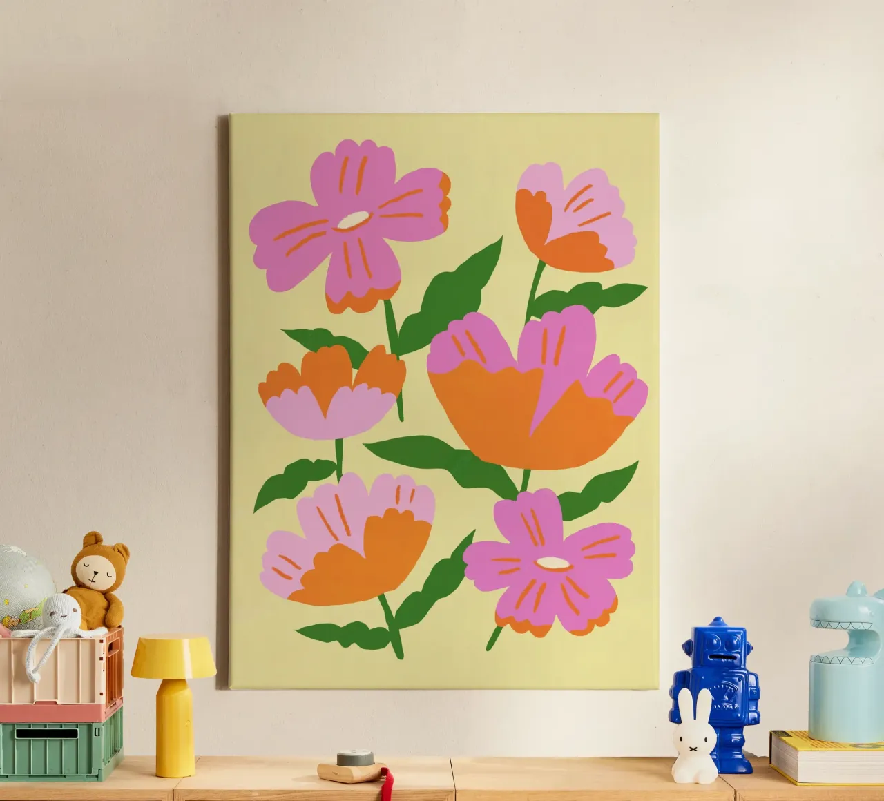 Speels roze in gele achtergrond canvas met Baklijst van Little Dean