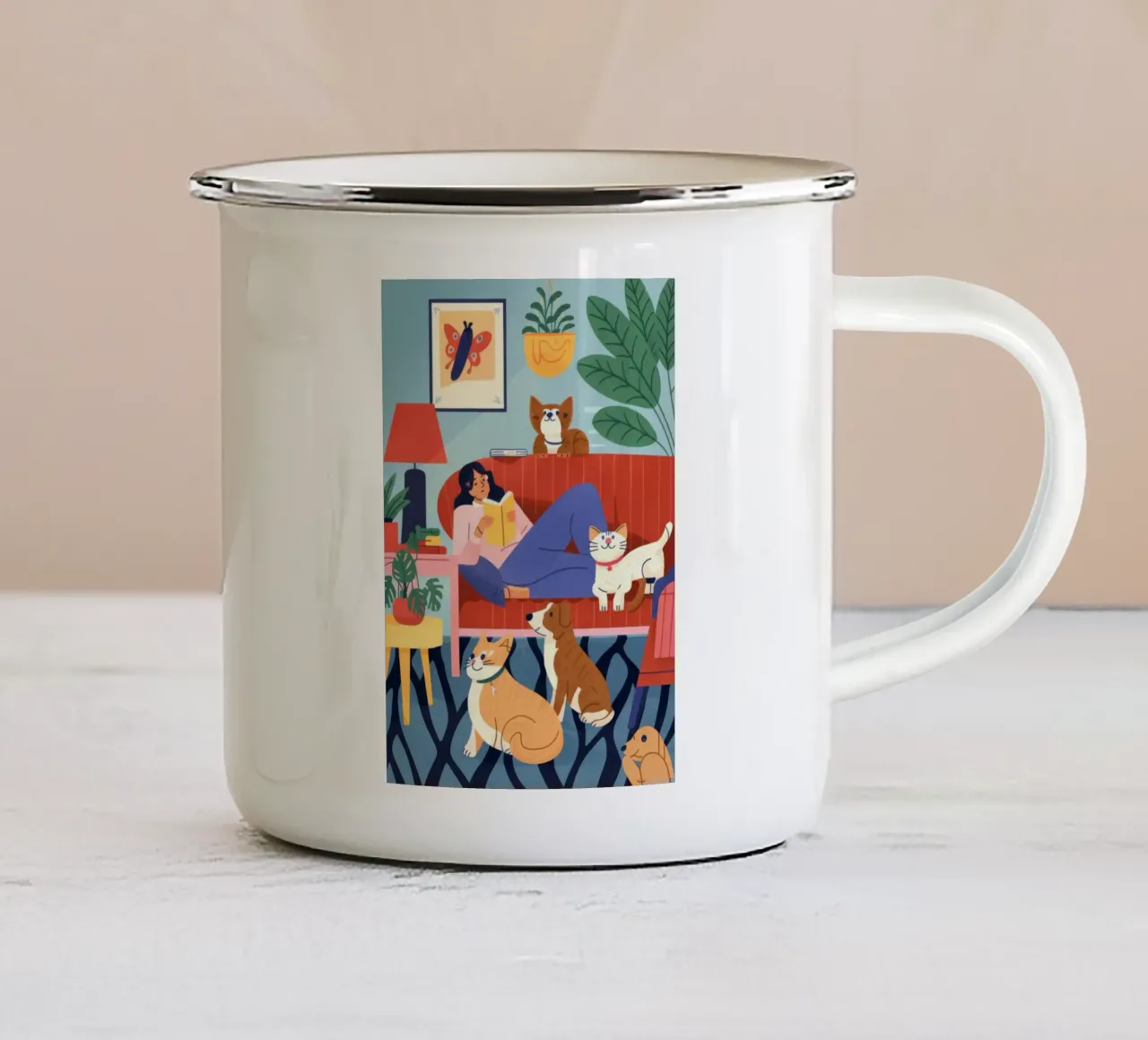 Pet Shop Comfort enamel mug by Fine Sanctuary