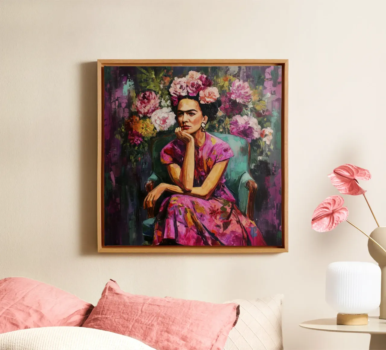 Audace musa messicana con rose e fiori tela con Cornice a cassetta da Modern Muse