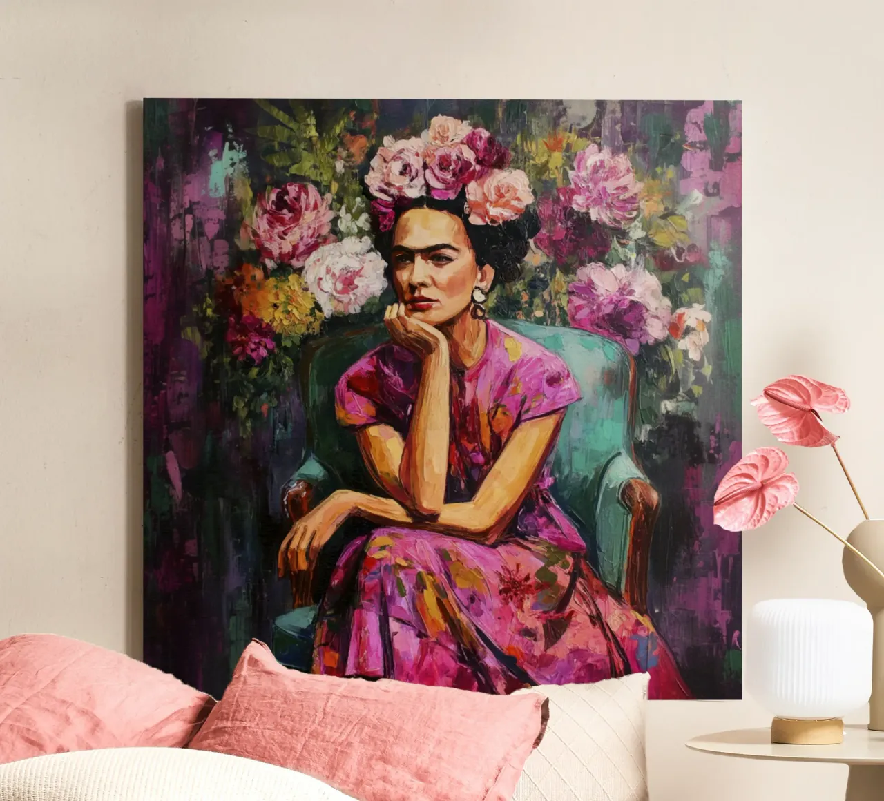 Audace musa messicana con rose e fiori tela con Cornice a cassetta da Modern Muse