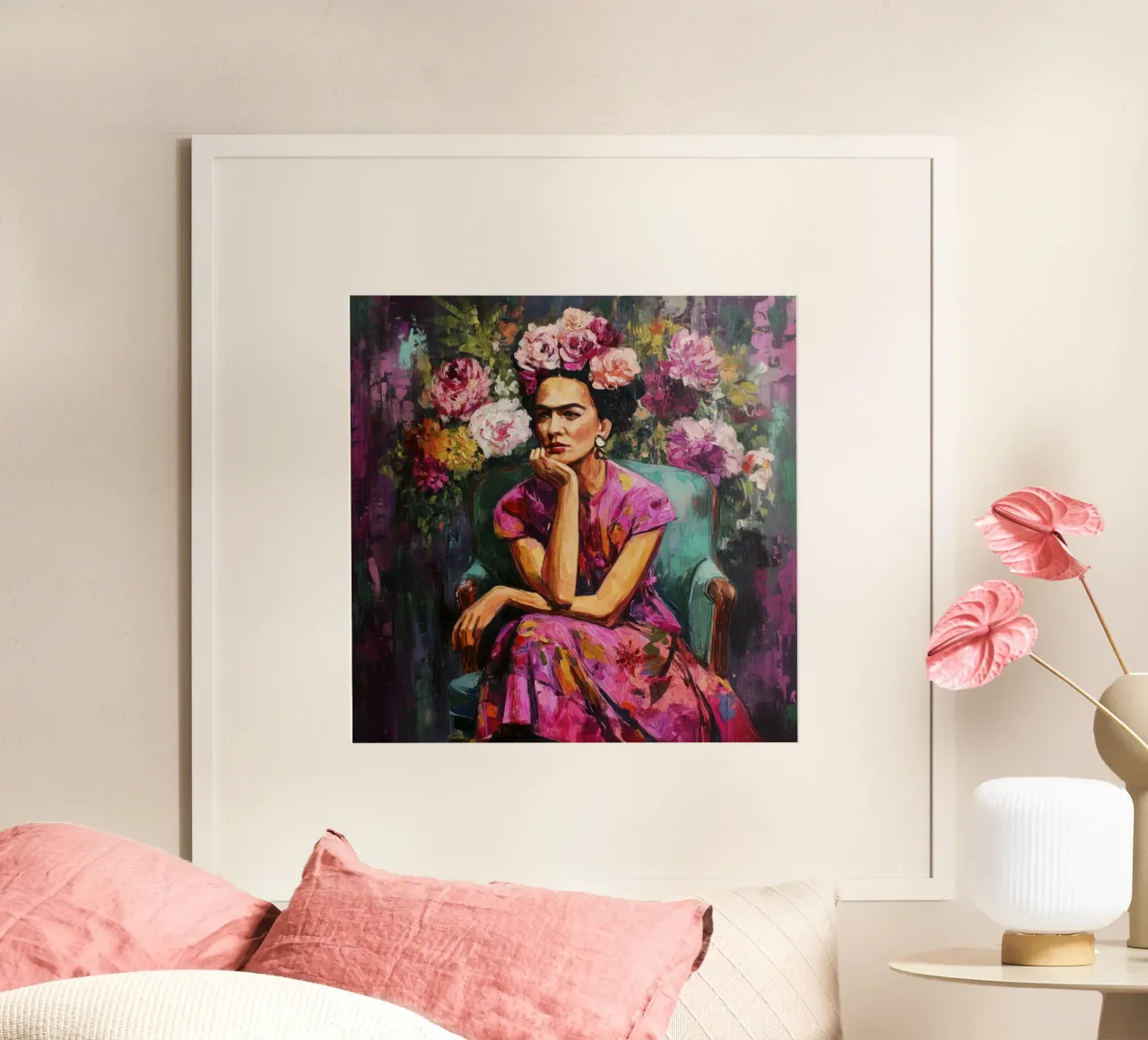 Audace musa messicana con rose e fiori poster con telaio in alluminio da Modern Muse