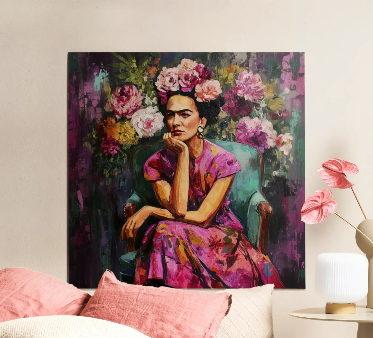 Audace musa messicana con rose e fiori poster con telaio in alluminio da Modern Muse