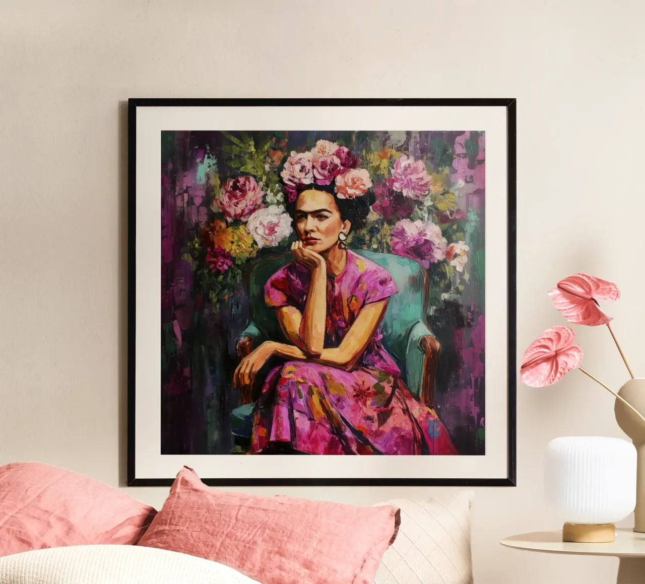 Audace musa messicana con rose e fiori poster con telaio in alluminio da Modern Muse