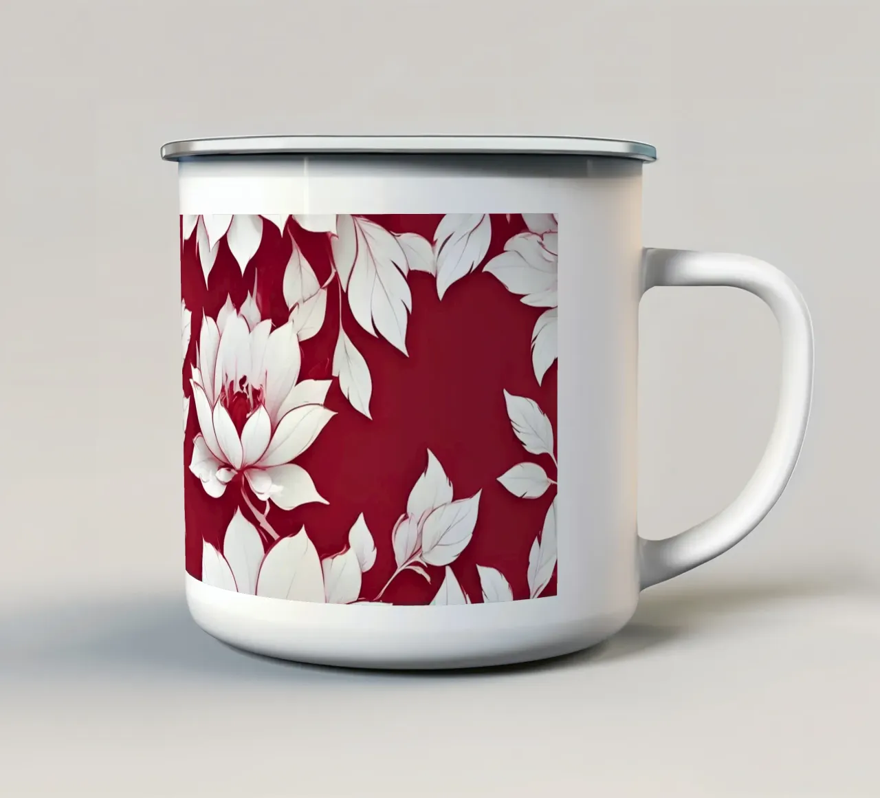Elegante disegno floreale con fiori e foglie bianche tazza in smalto da DesignDoodle