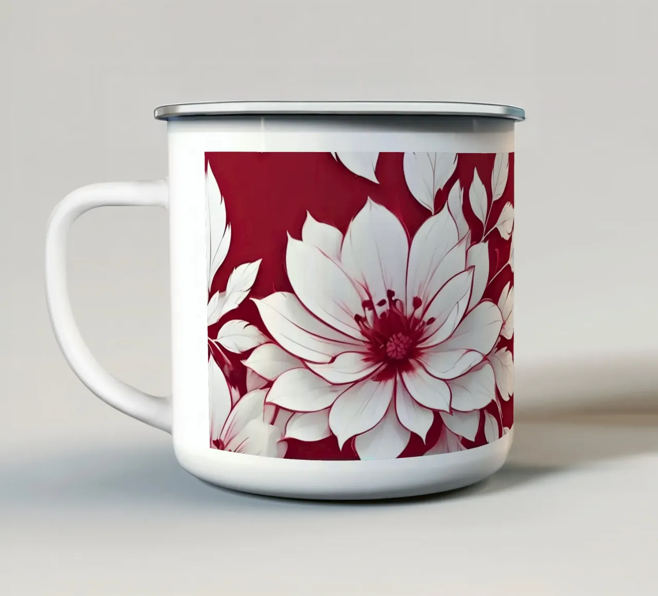 Elegante disegno floreale con fiori e foglie bianche tazza in smalto da DesignDoodle