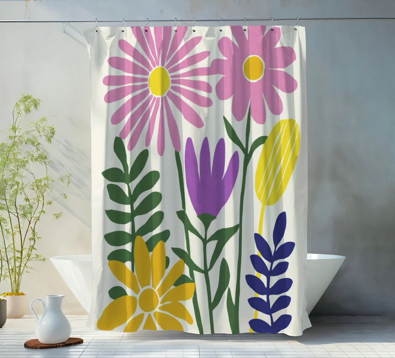 Moderner botanischer Ausschnitt in Retro-Farbpalette Duschvorhang von Modern Muse