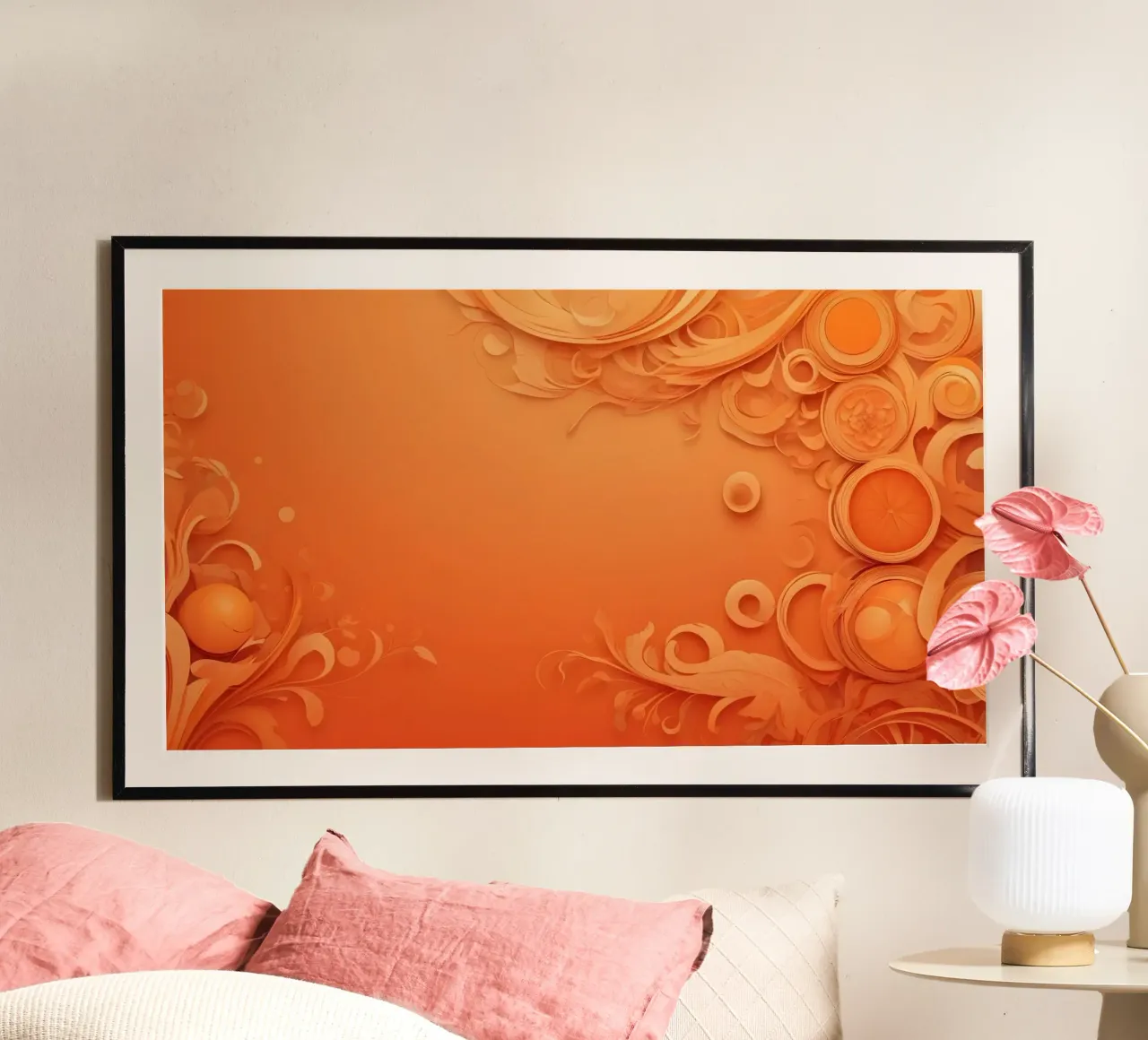 Carta da parati astratta arancione con elementi floreali poster da DesignDoodle