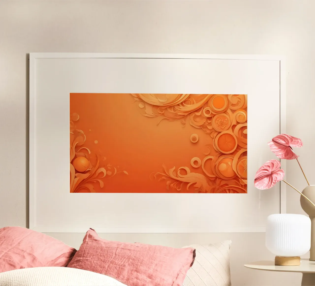 Carta da parati astratta arancione con elementi floreali poster da DesignDoodle