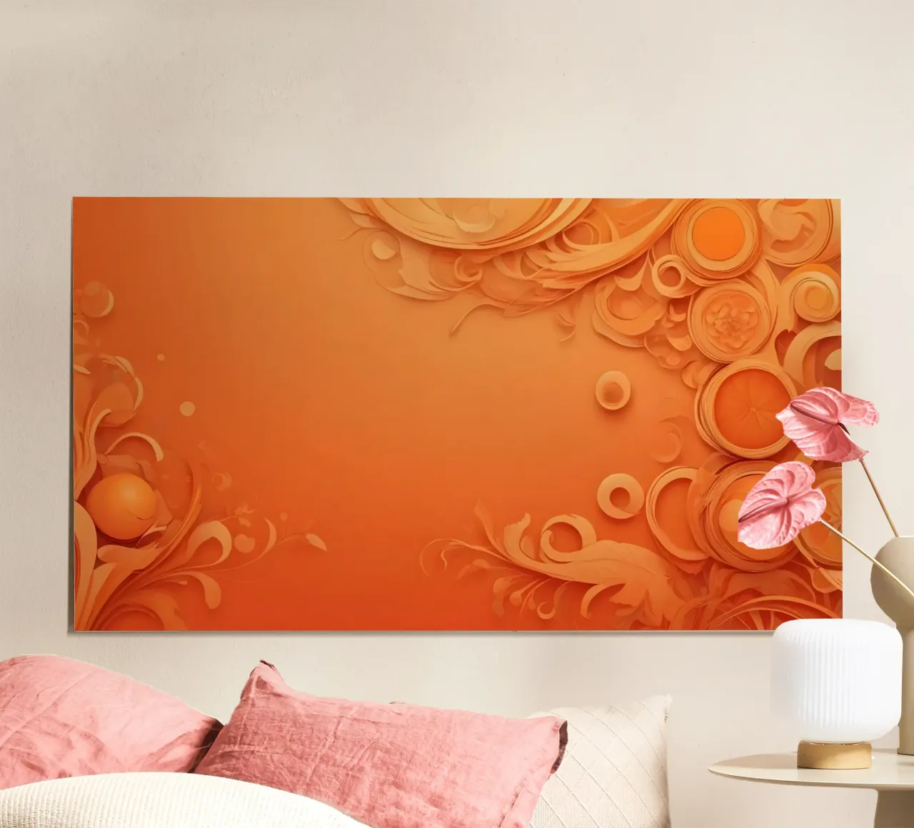 Carta da parati astratta arancione con elementi floreali poster da DesignDoodle