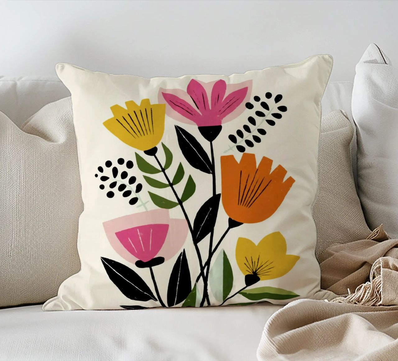Forme botaniche astratte in un mix di colori retrò cuscino da Modern Muse