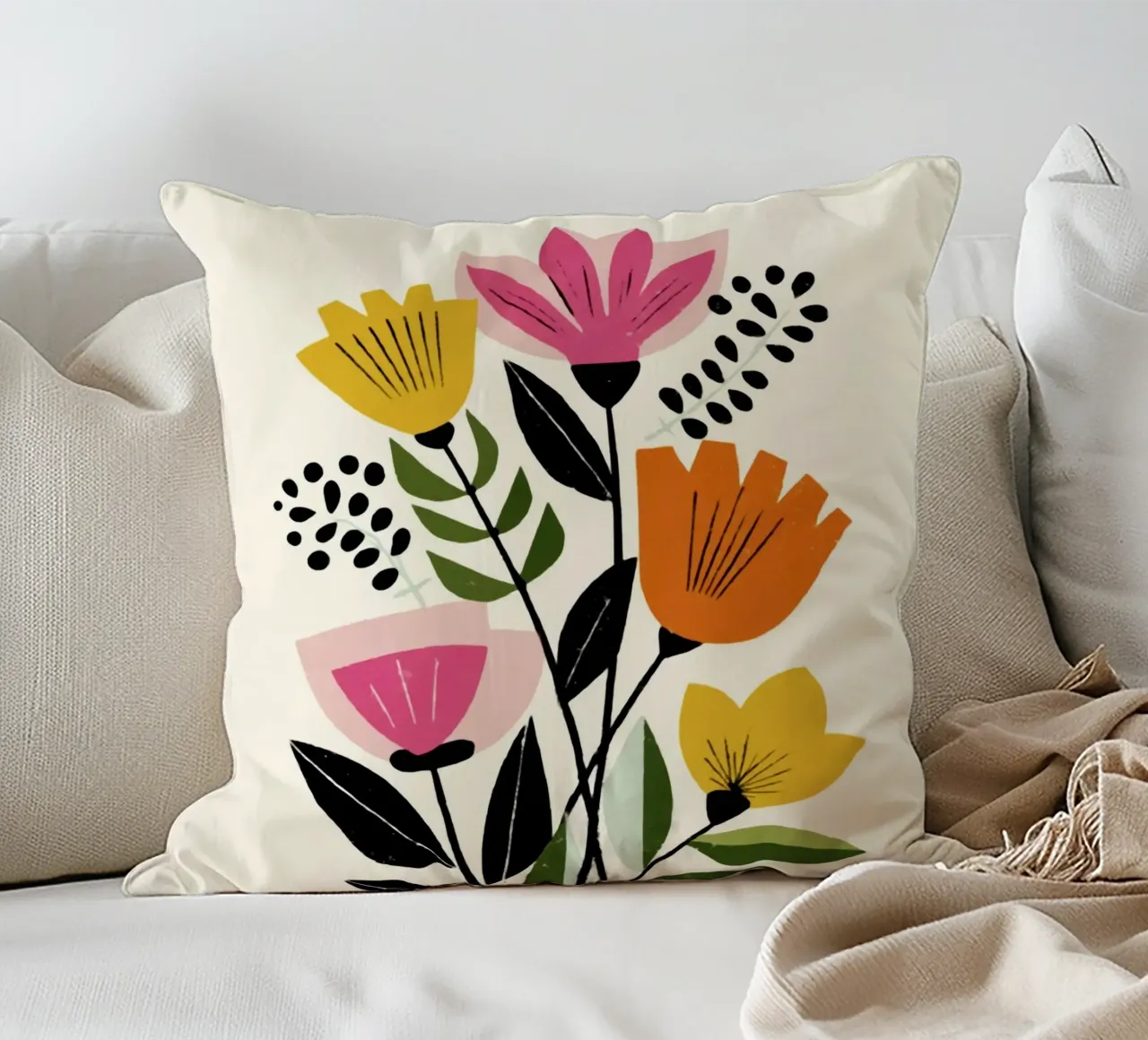 Abstracte botanische vormen in een retro kleurenmix kussen van Modern Muse