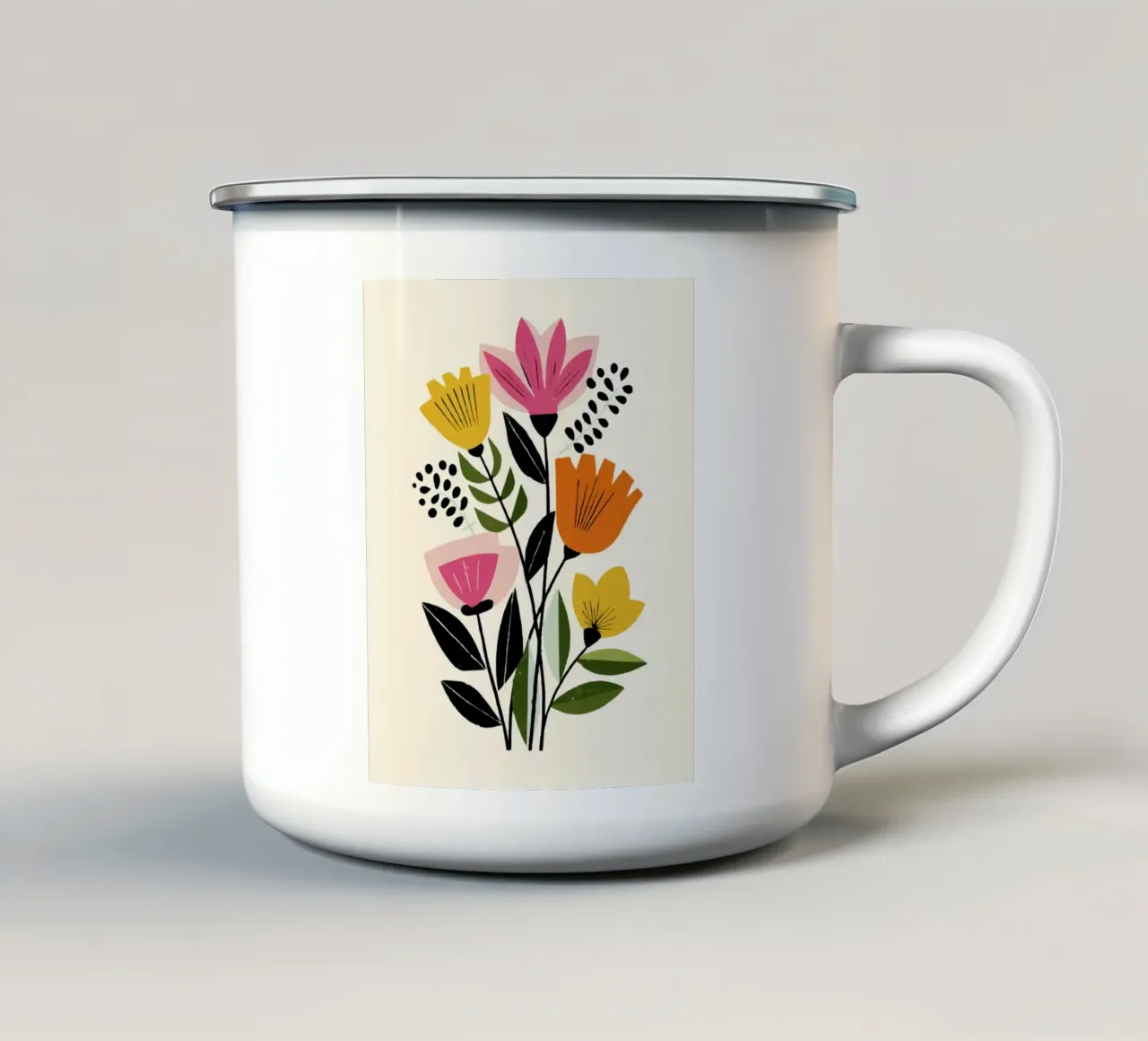 Abstracte botanische vormen in een retro kleurenmix emaille mok van Modern Muse