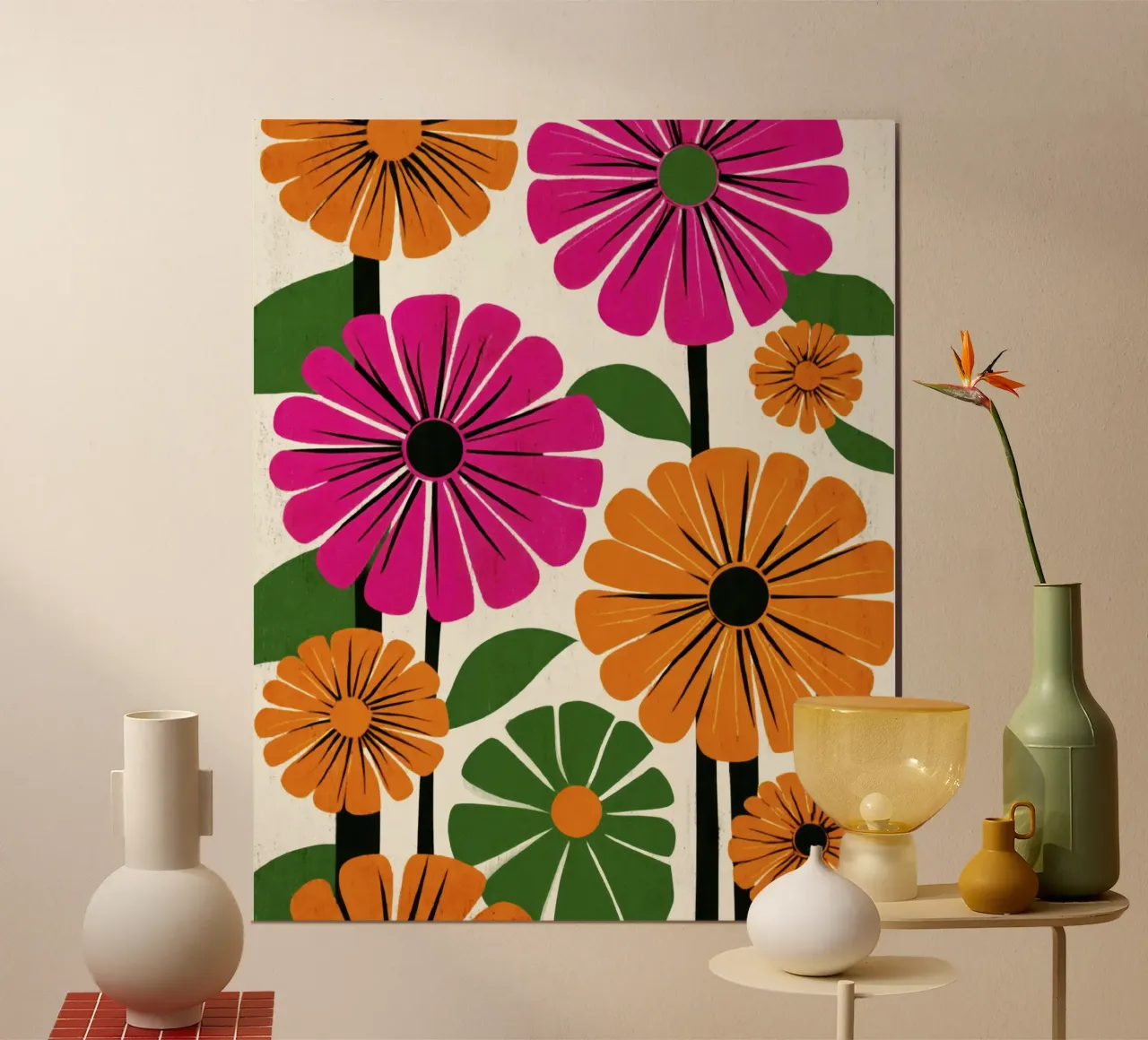 Forme botaniche astratte in un mix di colori retrò poster con telaio in alluminio da Modern Muse