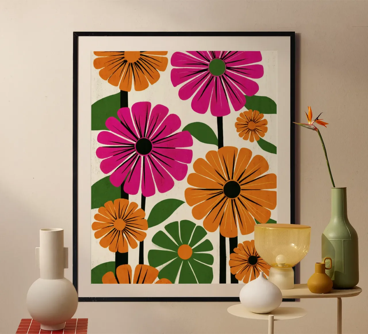 Forme botaniche astratte in un mix di colori retrò poster con telaio in alluminio da Modern Muse