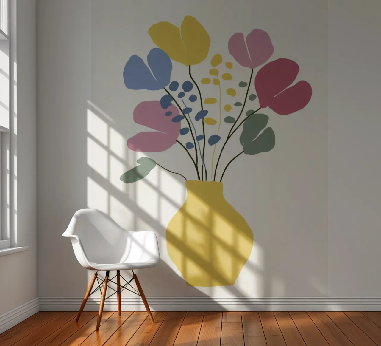 Flores abstractas en jarrón con colores retro veraniegos papel para pared de Modern Muse