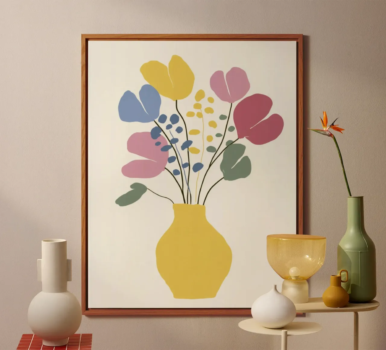 Flores abstractas en jarrón con colores retro veraniegos aluminio dibond de Modern Muse
