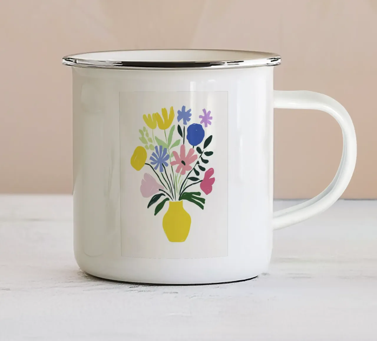 Fiori da giardino geometrici in vaso in un'armonia di colori anni '50 tazza in smalto da Modern Muse