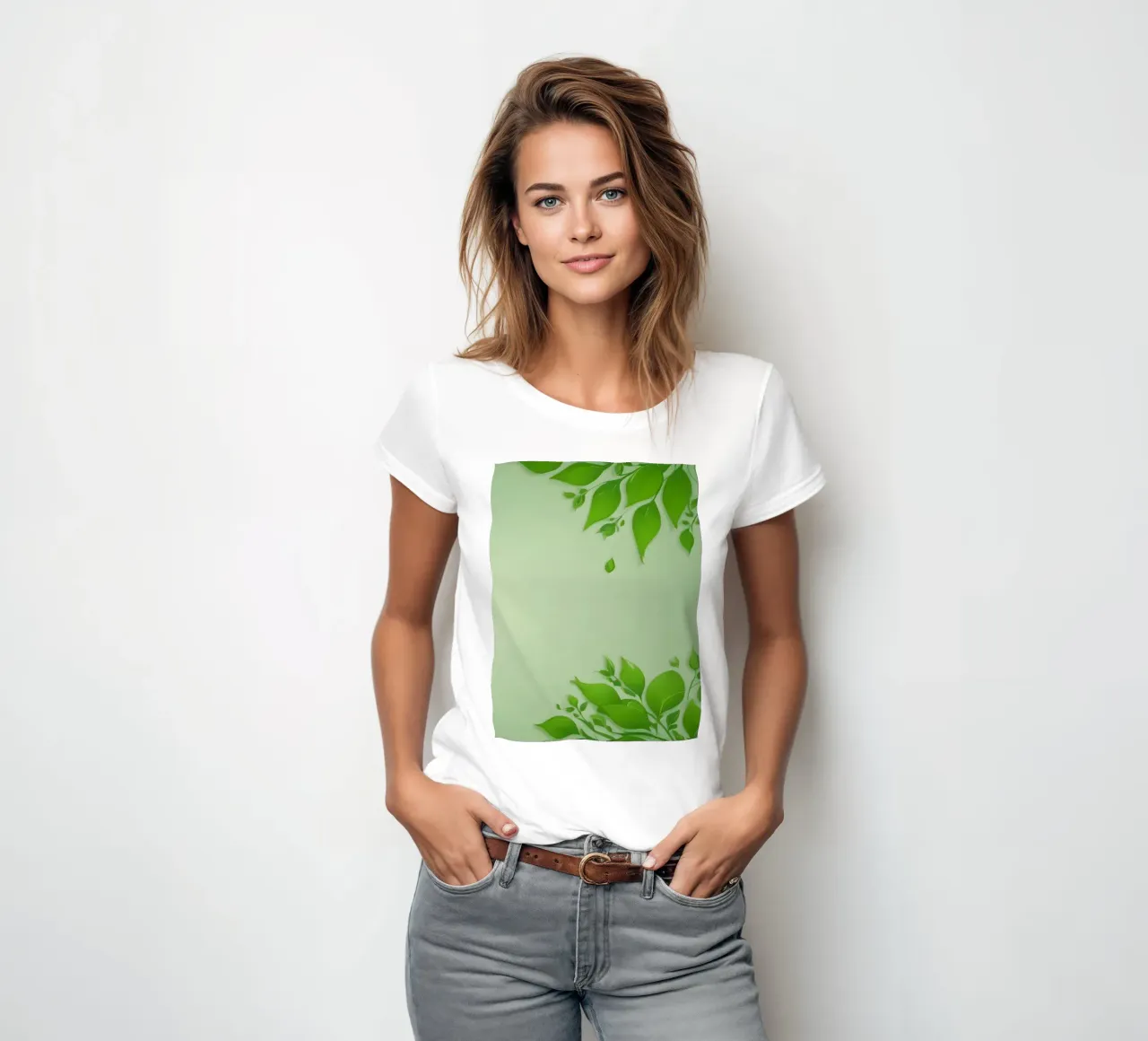 Green leaves on a soft background create a calming and fresh women's fitted t-shirt by DesignDoodle
