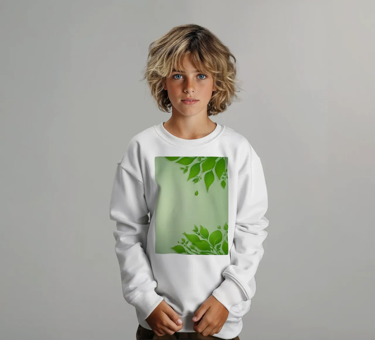 Green leaves on a soft background create a calming and fresh kids sweatshirt by DesignDoodle