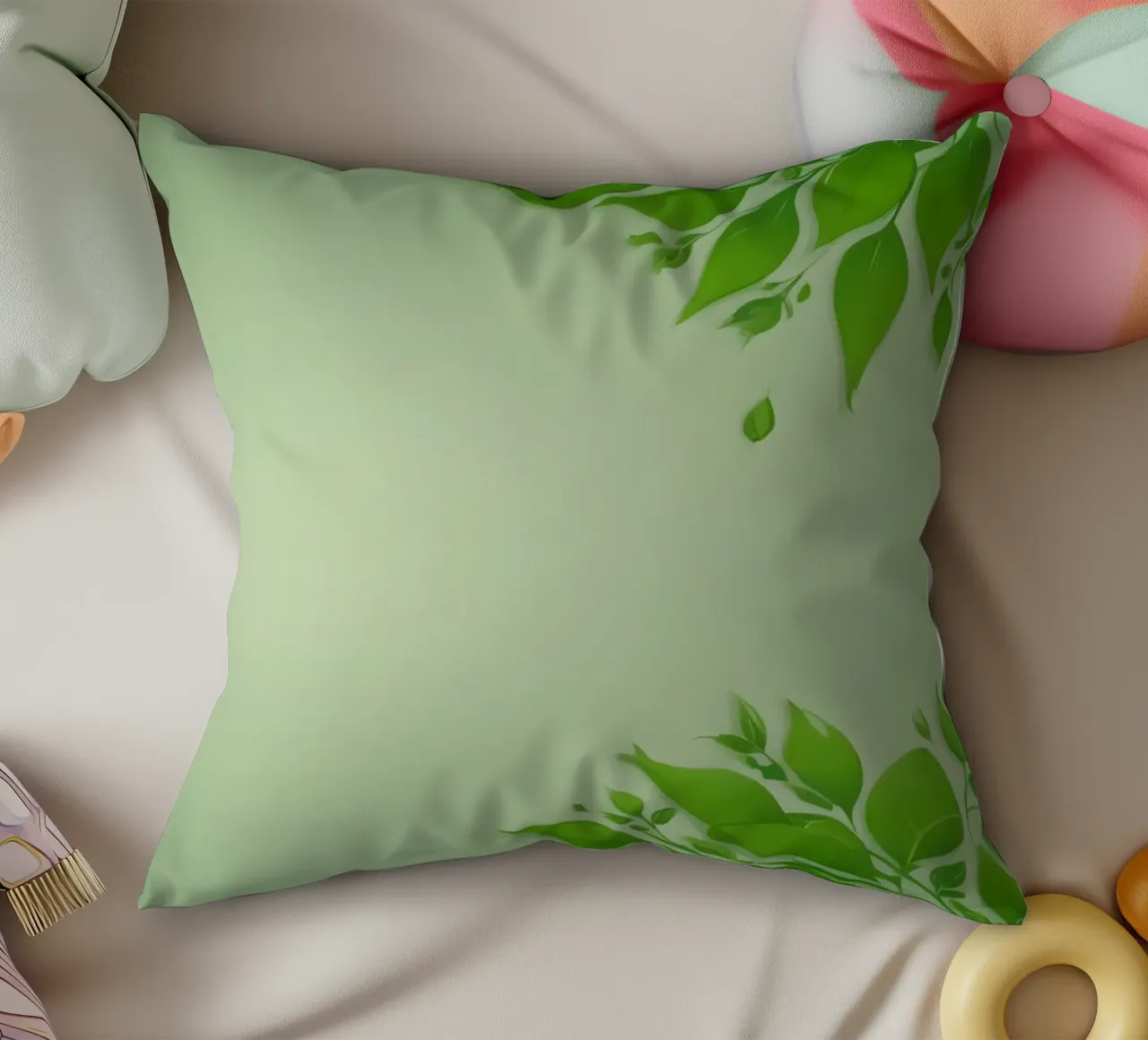 Green leaves on a soft background create a calming and fresh decorative cushion by DesignDoodle
