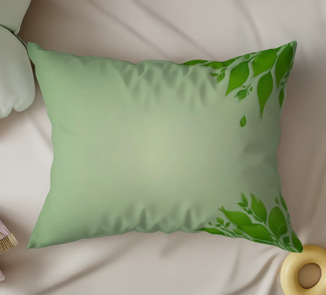 Green leaves on a soft background create a calming and fresh decorative cushion by DesignDoodle