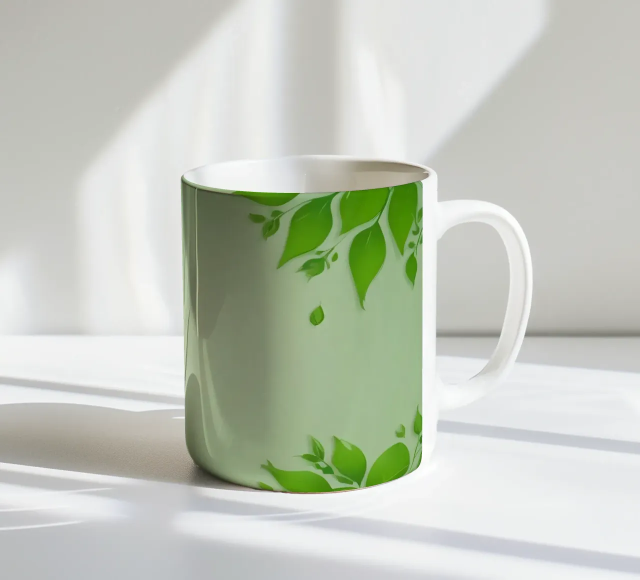 Green leaves on a soft background create a calming and fresh ceramic mug by DesignDoodle