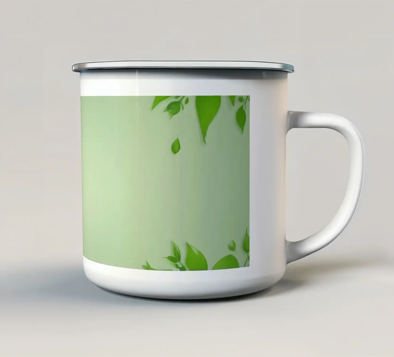 Green leaves on a soft background create a calming and fresh enamel mug by DesignDoodle