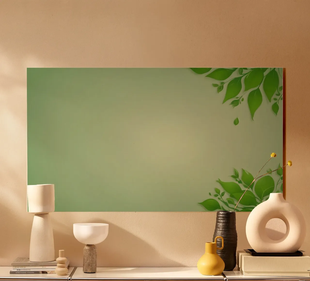 Green leaves on a soft background create a calming and fresh acrylic glass by DesignDoodle