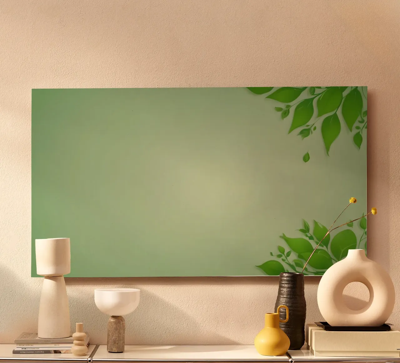 Green leaves on a soft background create a calming and fresh alu-dibond by DesignDoodle