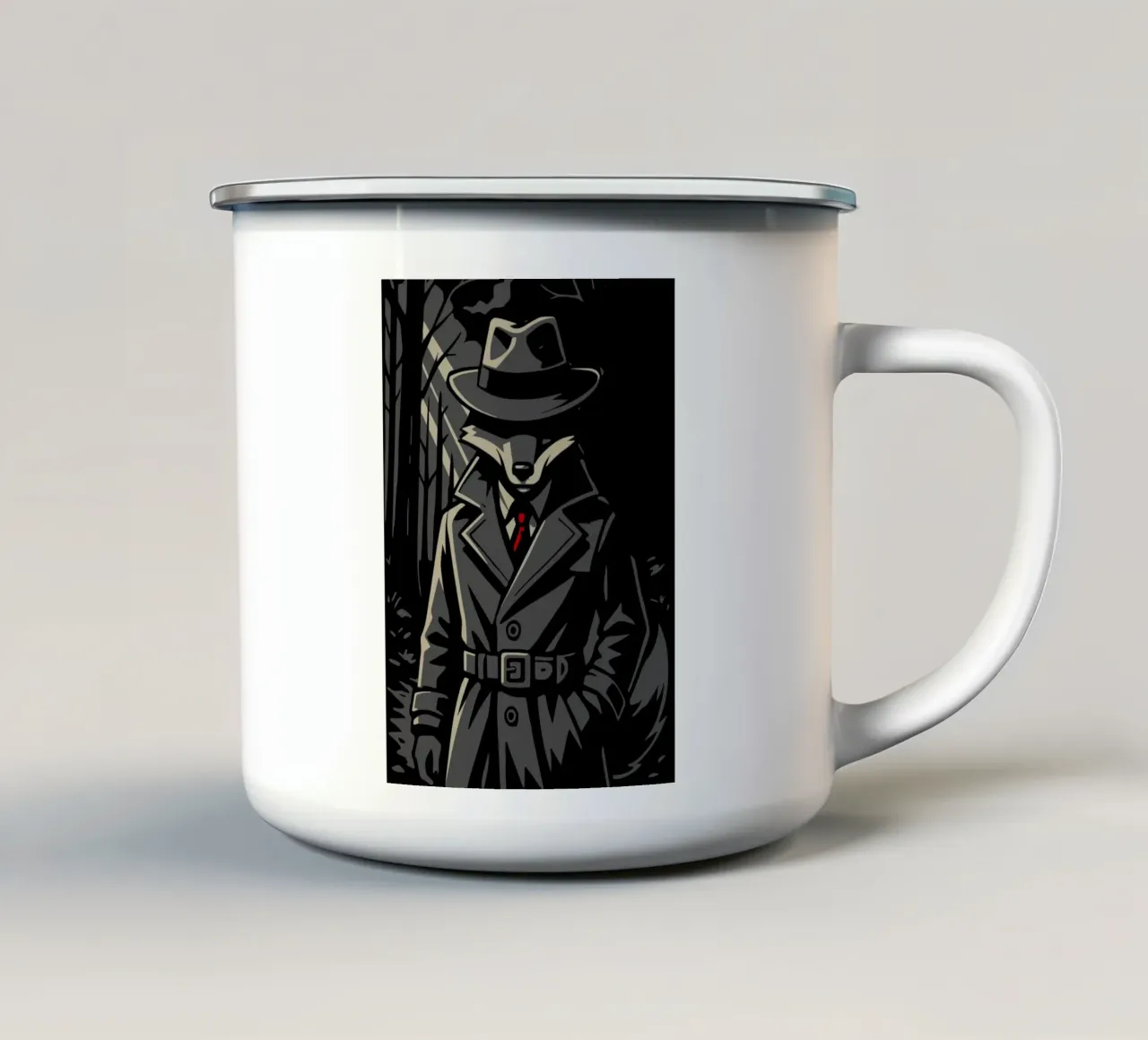 Volpe misteriosa in trench - motivo animale noir tazza in smalto da nanosh