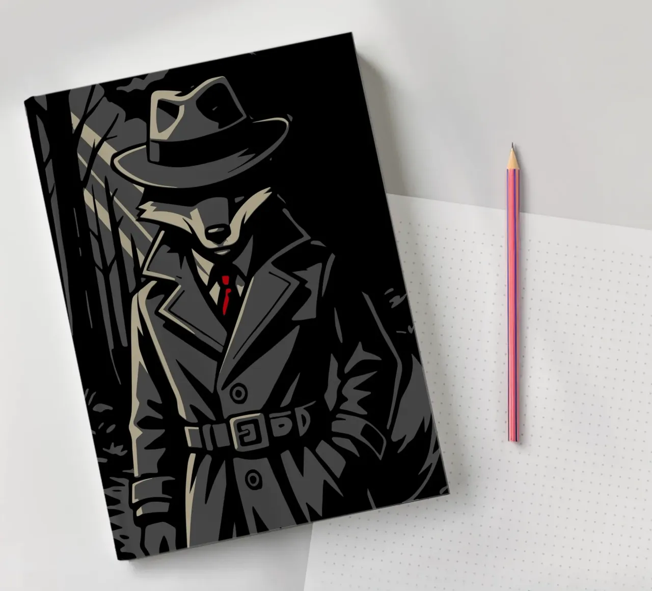 Renard mystérieux en trench-coat - Noir motif animalier carnet de notes de nanosh