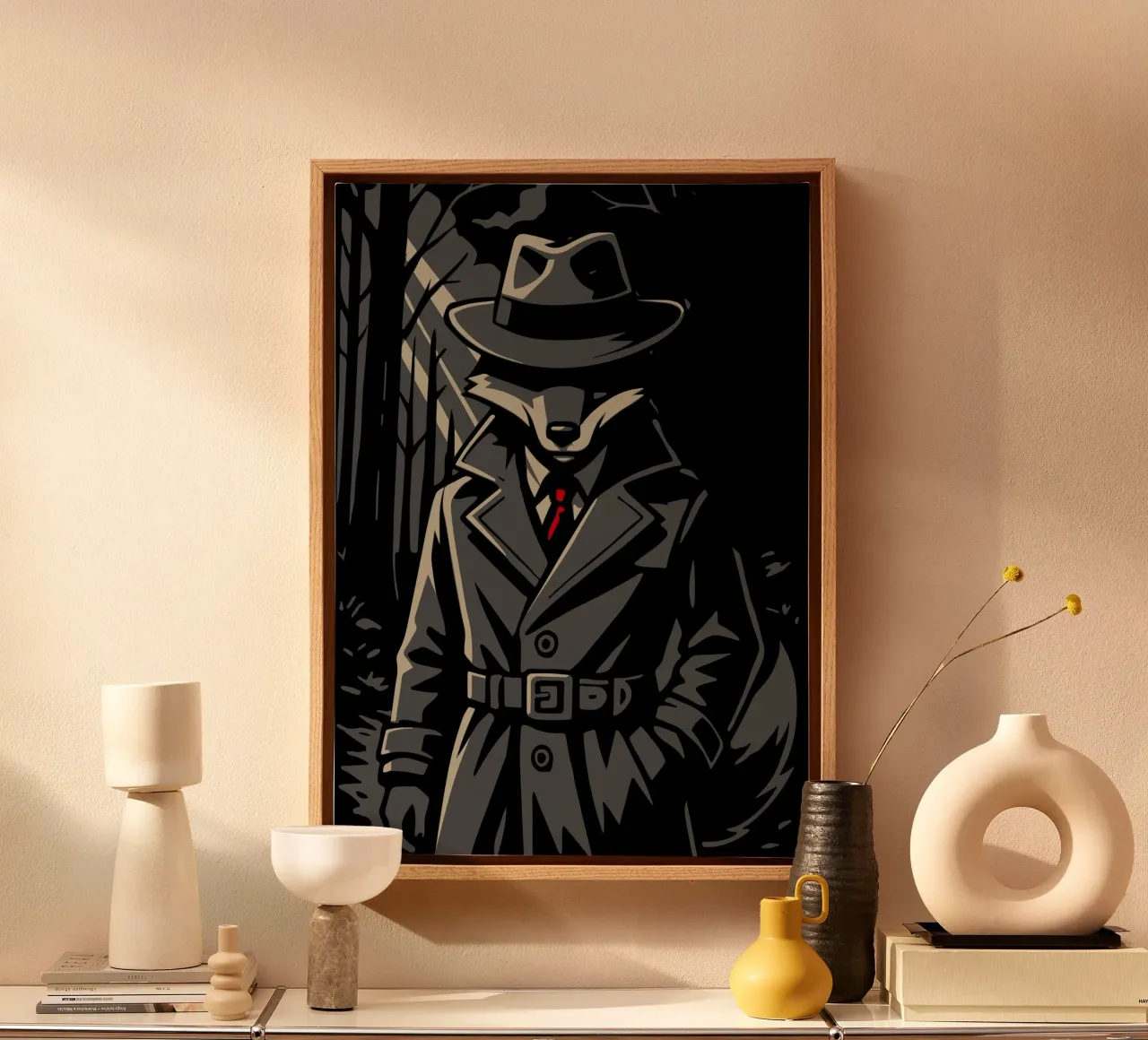 Mysterious fox in a trench coat - Noir animal motif canvas with Floater frame by nanosh