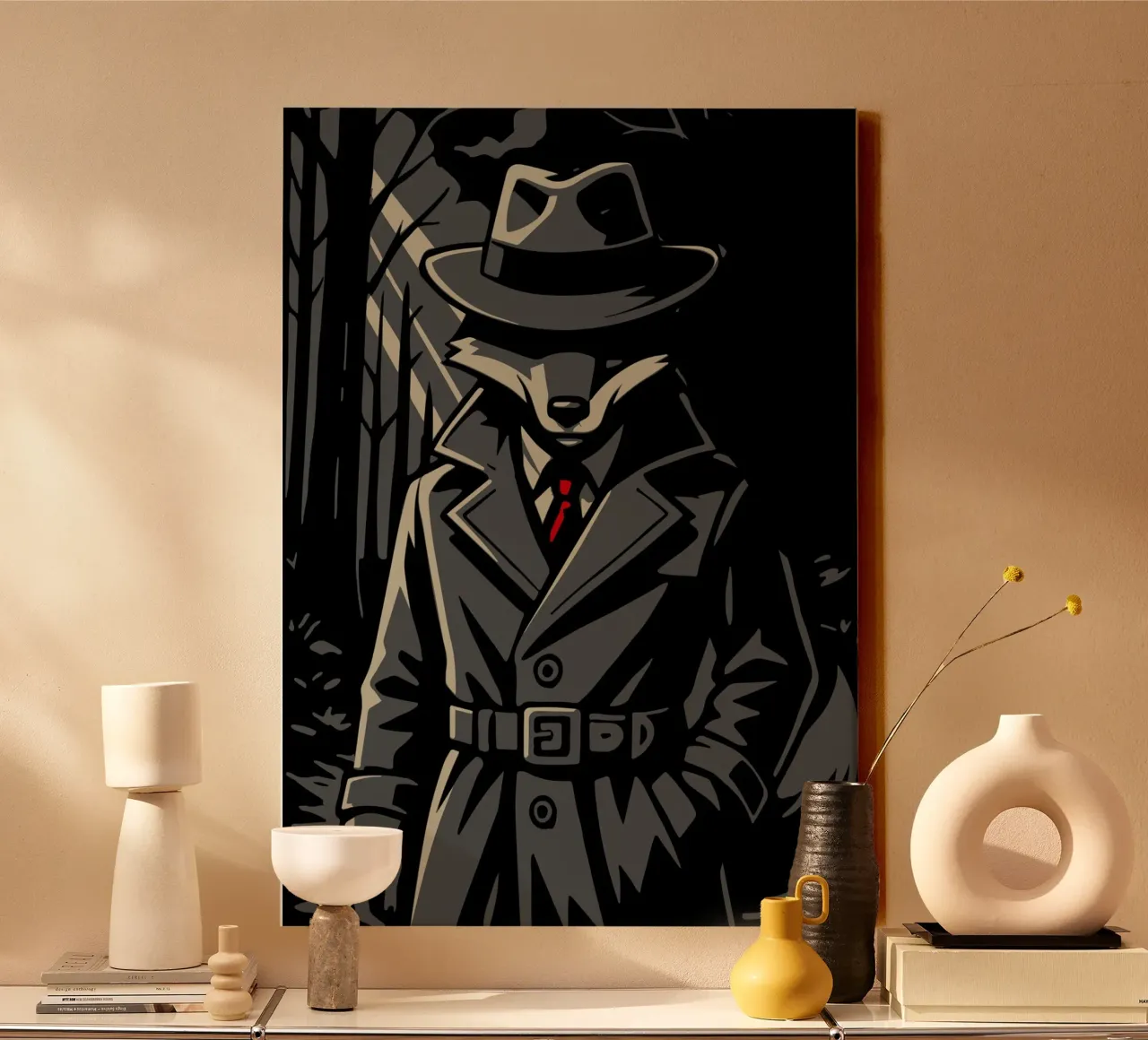 Mysterious fox in a trench coat - Noir animal motif canvas with Floater frame by nanosh