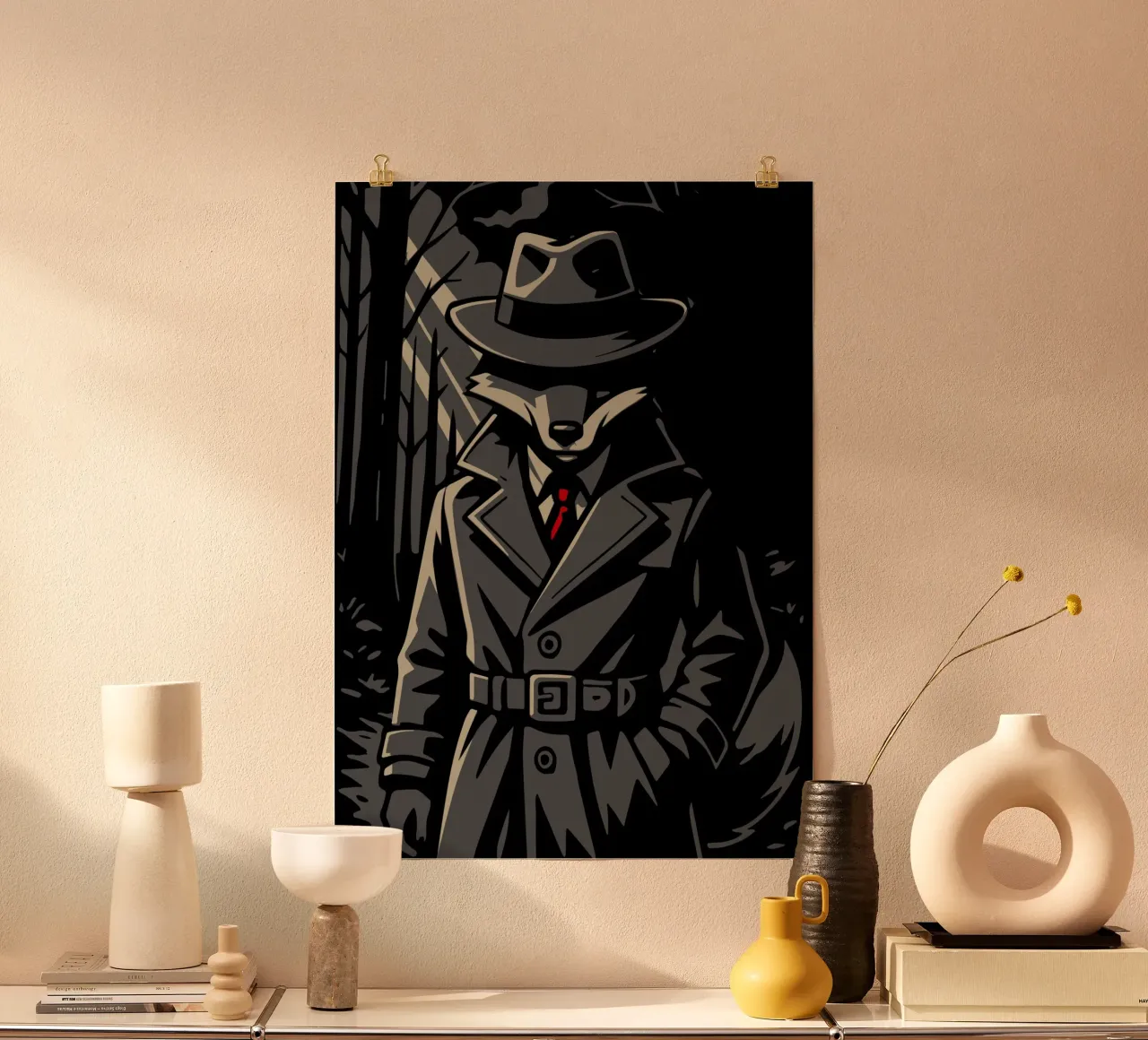 Volpe misteriosa in trench - motivo animale noir poster da nanosh