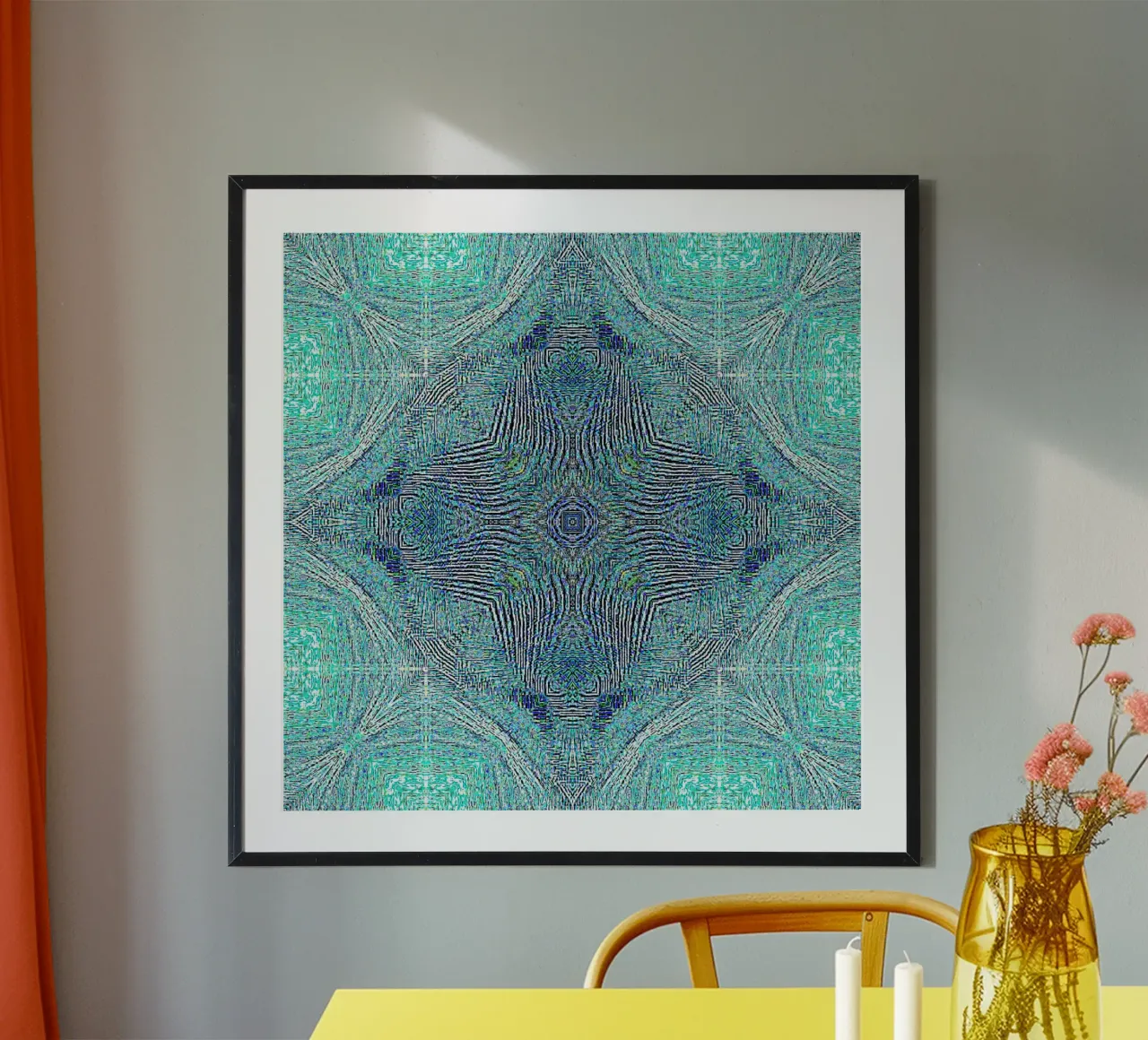 Ornament in türkis mit feinstrukturierter Textur Poster mit Holzrahmen von Gürsel Yesil Digital Art