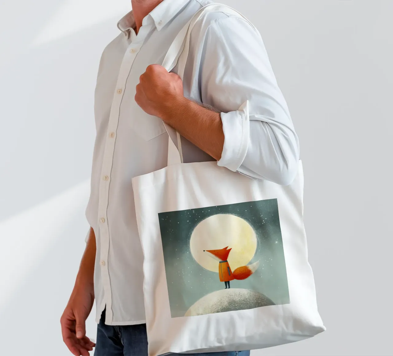 Piccola volpe sulla terra con luna e stelle - Minimal Art borsa in juta da Modern Muse
