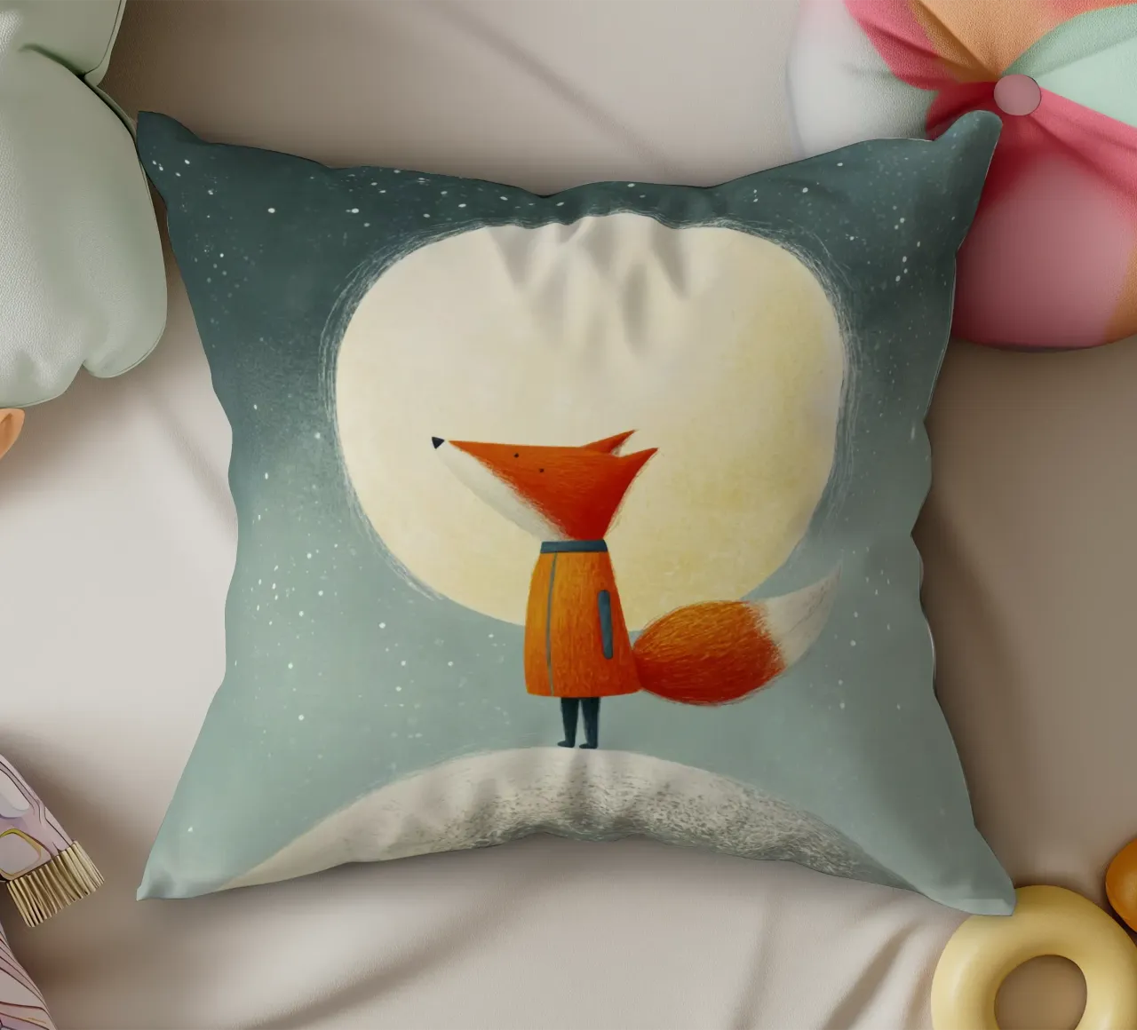 Piccola volpe sulla terra con luna e stelle - Minimal Art cuscino da Modern Muse