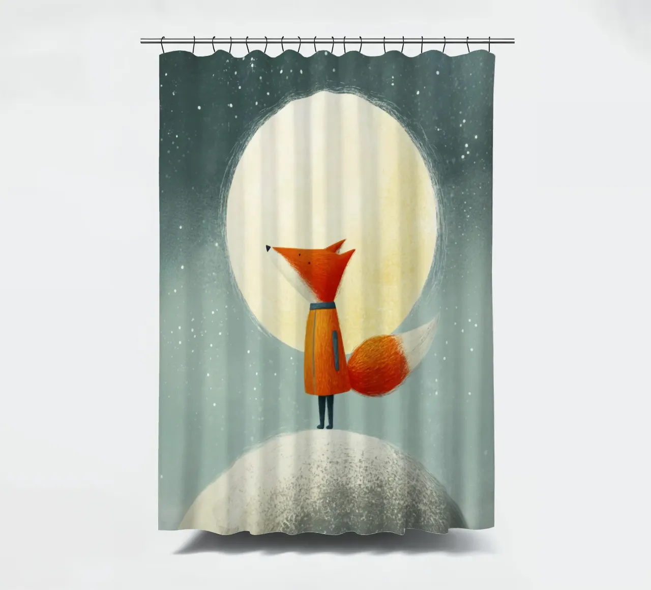 Piccola volpe sulla terra con luna e stelle - Minimal Art tenda da doccia da Modern Muse