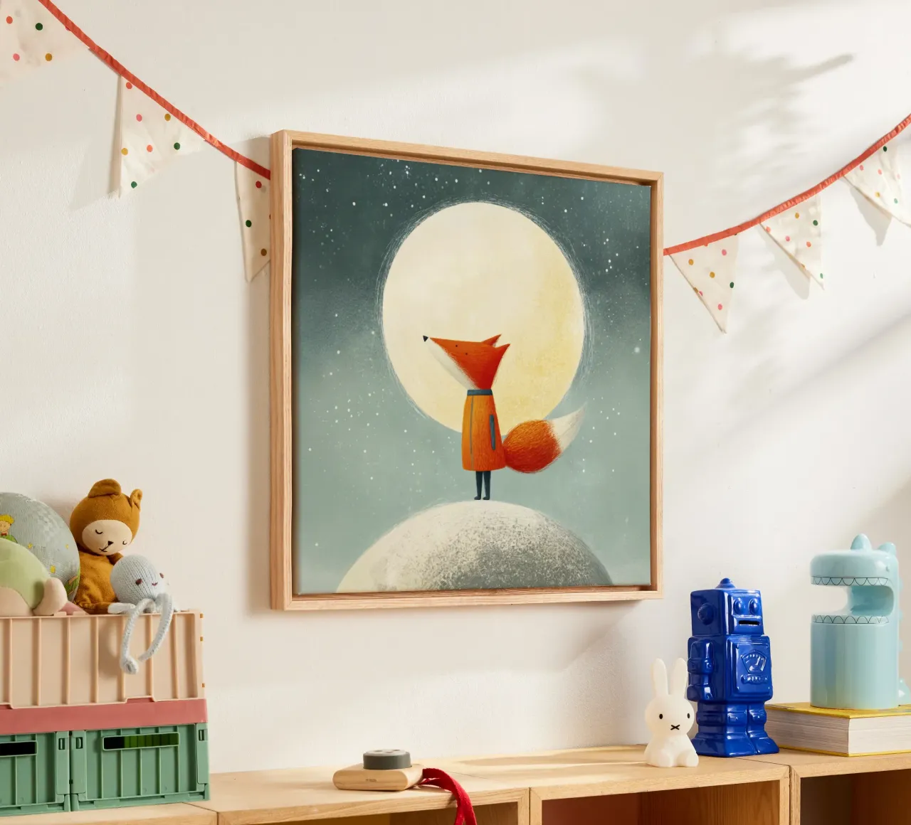 Little Fox on Earth with Moon and Stars – Minimal Art canvas by Modern Muse