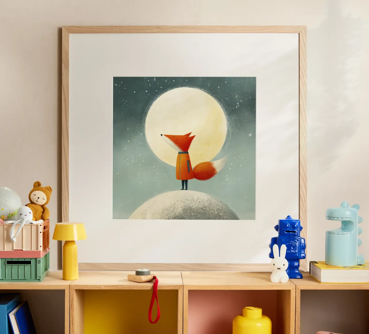Piccola volpe sulla terra con luna e stelle - Minimal Art carta hahnemühle da Modern Muse