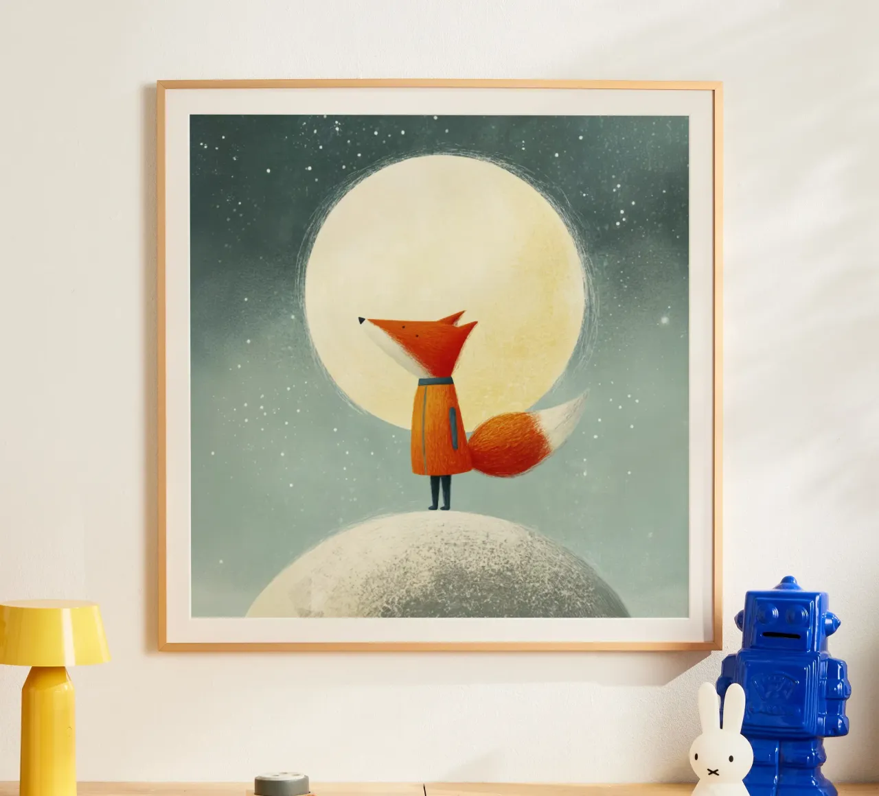 Piccola volpe sulla terra con luna e stelle - Minimal Art carta hahnemühle da Modern Muse
