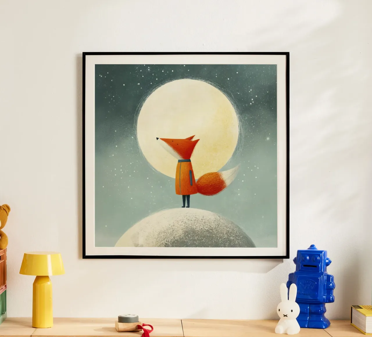 Piccola volpe sulla terra con luna e stelle - Minimal Art carta hahnemühle da Modern Muse